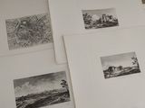several black and white pictures of a train on a train track