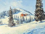 tableau représentant un paysage de montagne enneigé avec une cabane rouge au loin