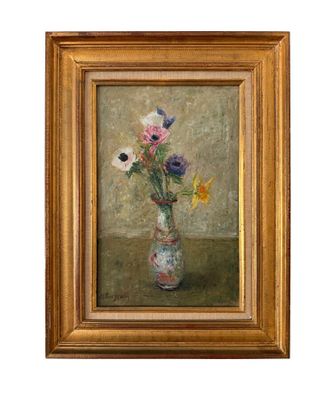 painting of a vase of flowers on a table with a wall in the background