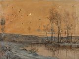 une image représentant un tableau où l'on voit des oiseaux volant au-dessus d'un plan d'eau
