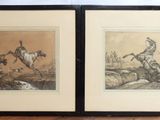 two framed prints of a man riding a horse and a dog chasing a dog