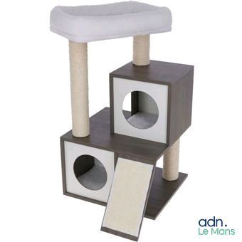 a cat tree with a cat bed on top of it