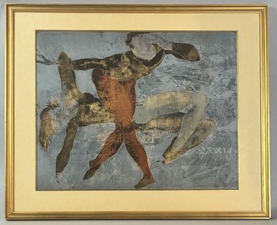 painting of a man throwing a ball in a boxing stance