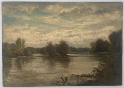 tableau représentant un tableau d'une rivière avec des arbres en arrière-plan