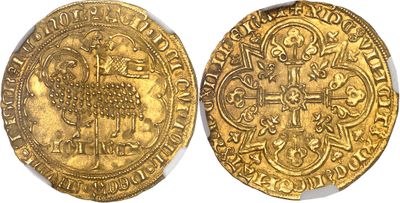 two gold coins, one of which is a sheep and the other of which is a cross
