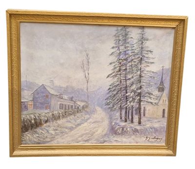 a painting of a snowy road with a house and trees in the background