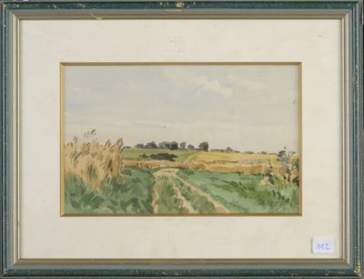 un tableau représentant un champ avec un chemin de terre au premier plan