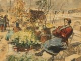 a painting of a woman sitting on a bench