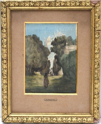 an image of a painting of a woman and a dog in a park