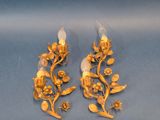 pair of gold plated wall sconces with flowers and leaves