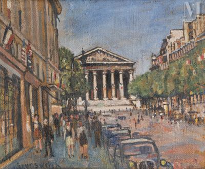 painting of a painting of a city street with a building in the background