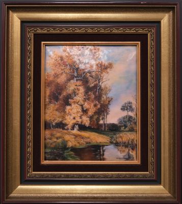une peinture d'un paysage avec des arbres et une rivière au premier plan