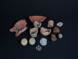 a lot of small shells and rocks on a black surface