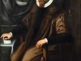 an old painting of a man sitting in a chair with a book