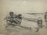 an old drawing of a man driving a race car with two men behind him