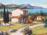a painting of a house on the shore of a lake