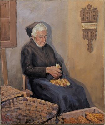 tableau représentant une vieille femme assise sur une chaise, avec un panier rempli de nourriture