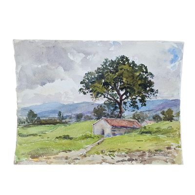 aquarelle représentant un arbre dans un champ, avec une maison en arrière-plan