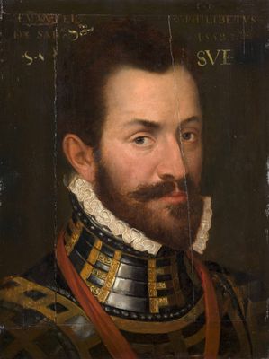 un tableau représentant un homme barbu vêtu d'une armure
