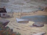 une peinture d'un bateau sur la plage au bord de l'eau