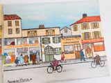 un tableau représentant une scène de rue avec des personnes à vélo