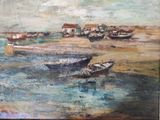 a painting of boats in the water on the beach