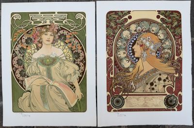 deux gravures Art nouveau encadrées représentant une femme et un oiseau