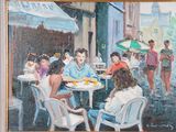 a painting of a group of people sitting at a table