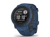 the garmin gps watch has a blue band and a black face