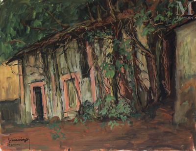 une peinture à l'huile représentant un bâtiment d'où jaillit un arbre sur le côté