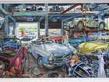 a painting of a garage filled with cars and motorcycles