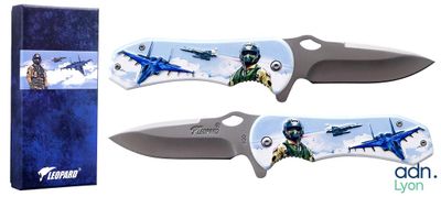 a knife with a picture of a fighter plane on it