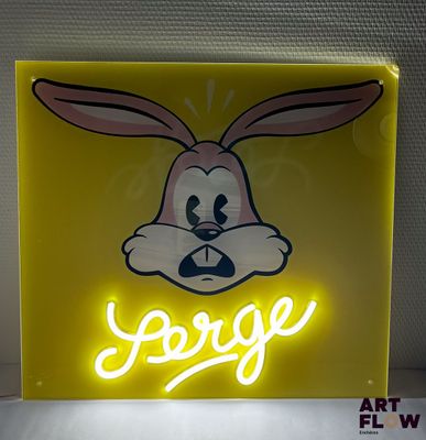 enseigne au néon représentant un lapin de dessin animé avec le mot « booge » inscrit sur son visage