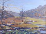 an oil painting of a field with trees and a stream