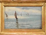painting of a sailboat in the water with other sailboats in the background