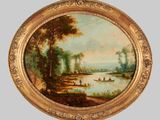 une image d'une peinture représentant une scène de rivière avec un bateau dans l'eau