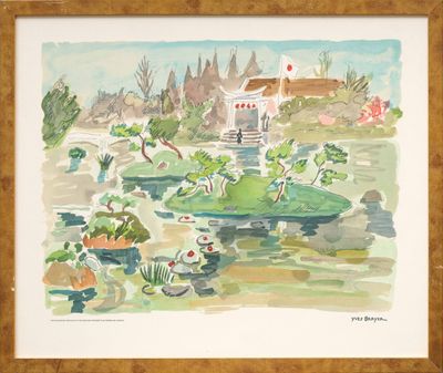 une aquarelle représentant une maison et un étang
