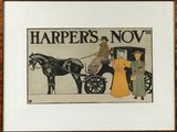 an image of a picture of a horse drawn carriage with a man and woman in it