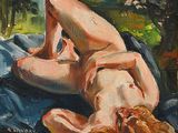 tableau représentant une femme nue allongée sur une couverture dans un parc