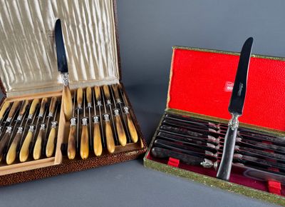 deux jeux de couteaux dans un coffret et un porte-couteaux