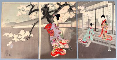trois panneaux représentant une femme en kimono assise sur un banc devant un cerisier en fleurs