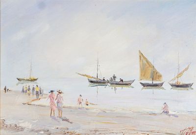 tableau représentant des personnes sur la plage, avec des bateaux en arrière-plan