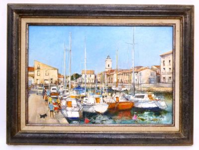 une peinture de bateaux dans un port avec une tour d'horloge en arrière-plan