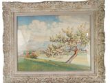 painting of a tree in a field with a mountain in the background