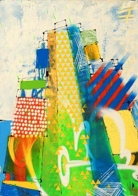 abstract painting of a cityscape with lots of different colors