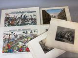 plusieurs gravures anciennes représentant des personnes à cheval et des chevaux devant un bâtiment