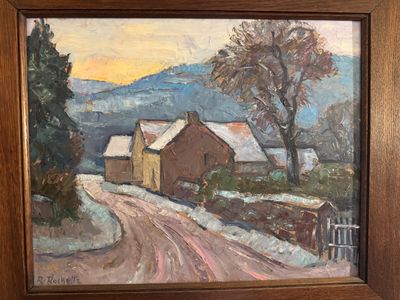 une peinture à l'huile représentant une route de campagne avec une maison à l'arrière-plan
