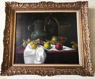 un tableau représentant une nature morte avec des fruits sur une table