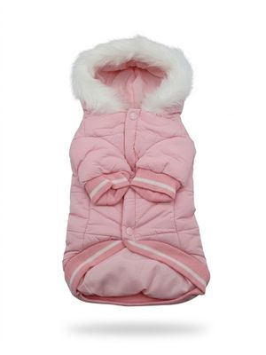un manteau rose pour chien avec un col en fourrure blanche