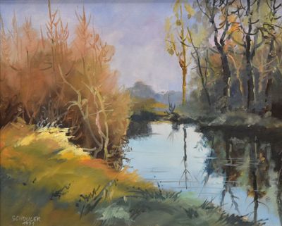 une peinture à l'huile représentant une rivière au milieu d'une forêt